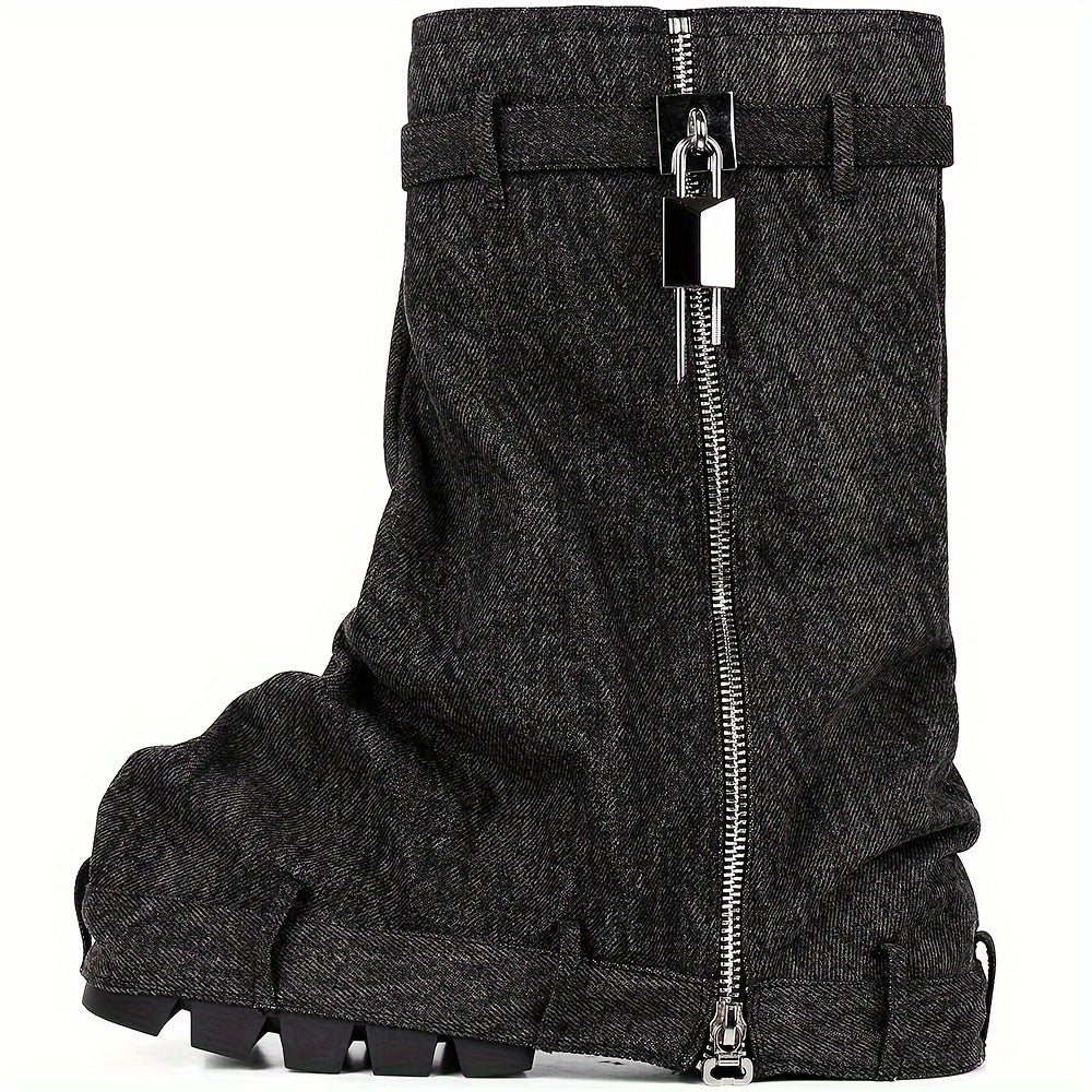 FZ Women's Mid-Calf Side Pockets & Buckle Straps Platform Wedge Denim Boots