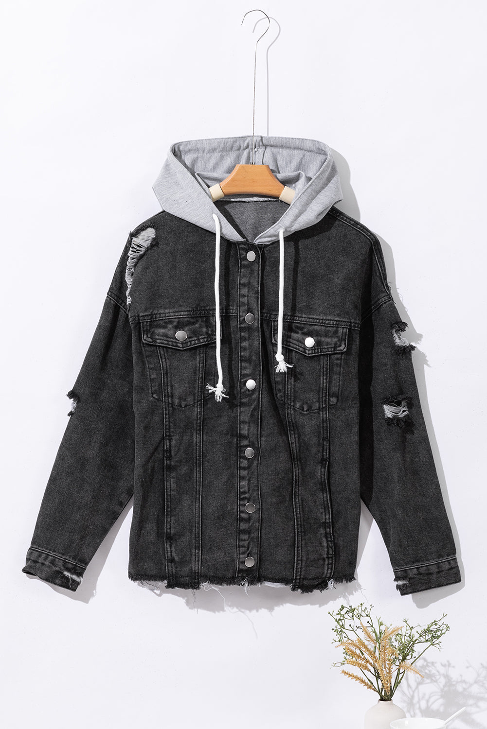 Black Drawstring Hooded Frayed Denim Jacket FZwear