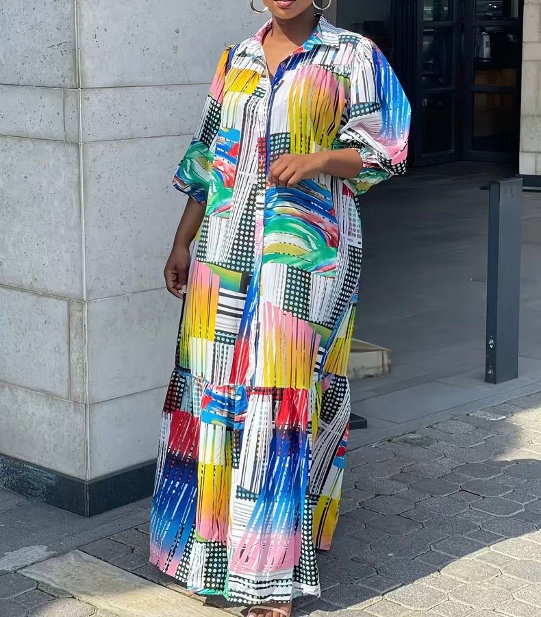 FZ Women's Plus Size Bohemian Print Long Sleeve Vintage Maxi Dress