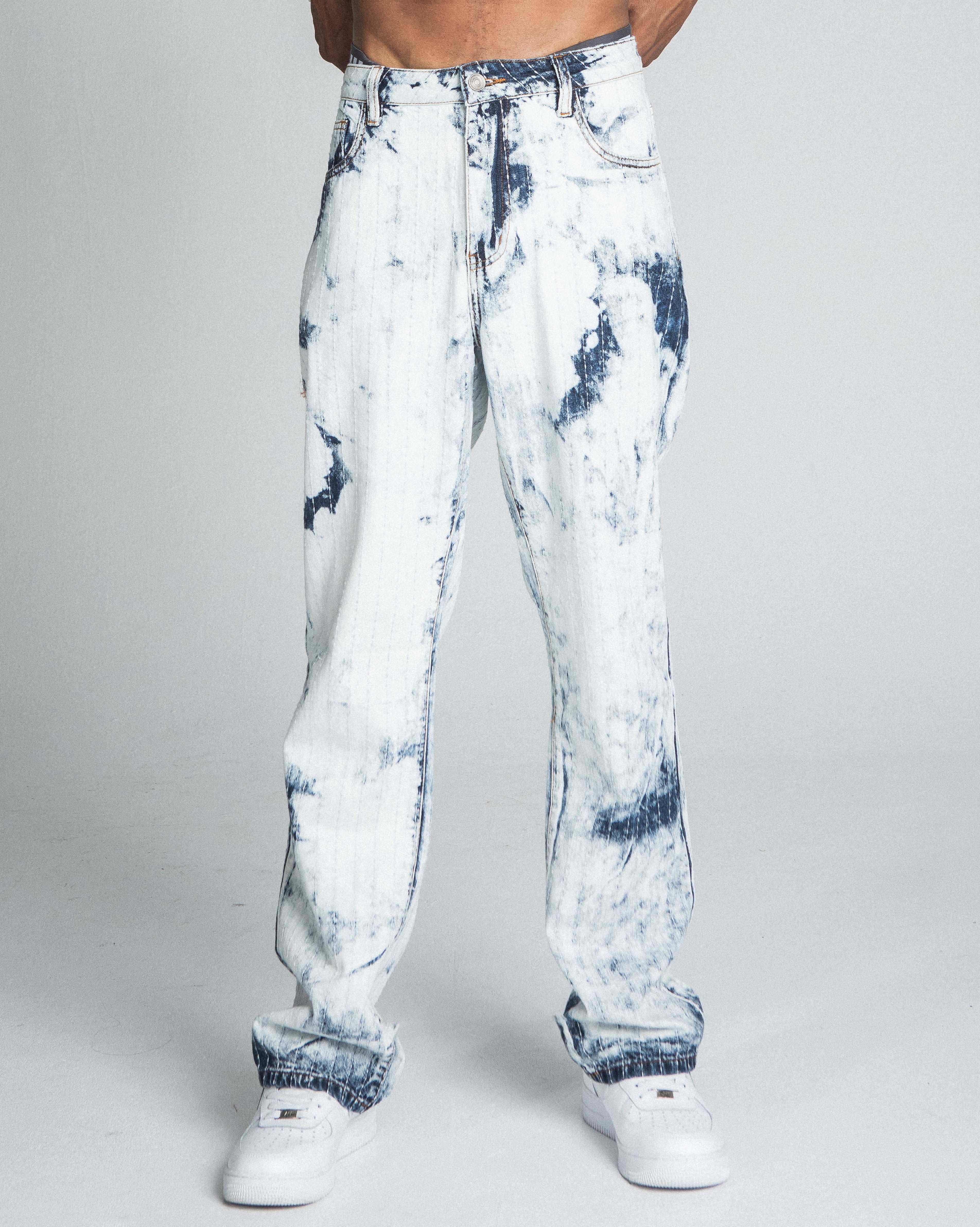 AJ01L-1 DARK BLUE/WHITE TIE DYE THREAD LINE LOOSE JEANS PANTS