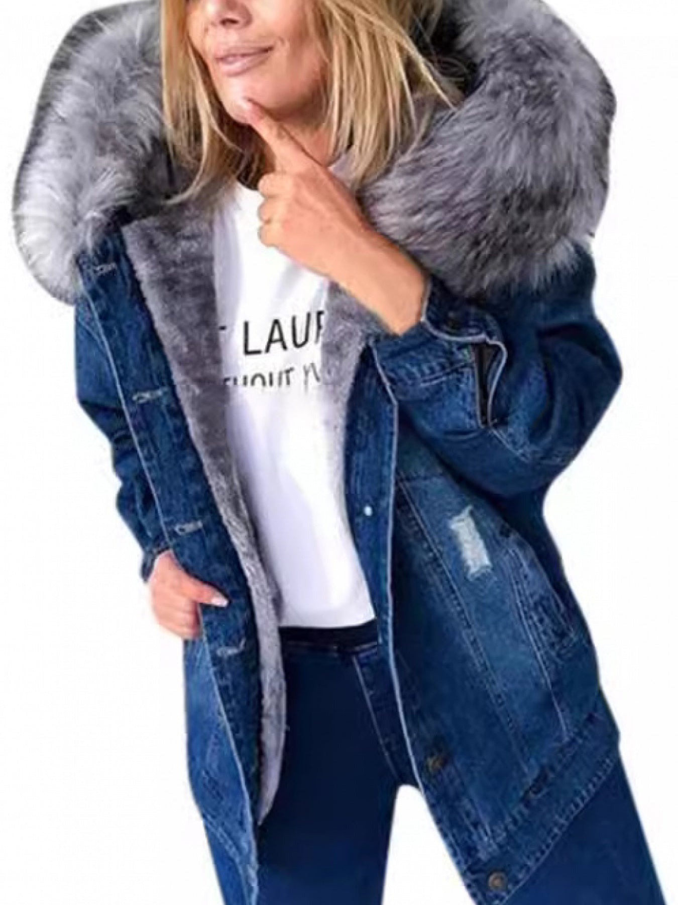 FZ Women's Slim-Fit Mid-Length Single-Breasted Faux-Fur Collar Denim Jacket