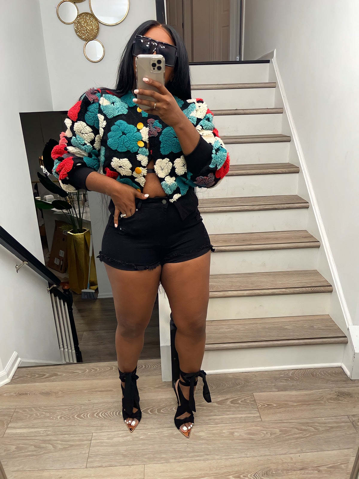 FZ Women's Retro Three Dimensional Floral Loose Single Breasted Jacket