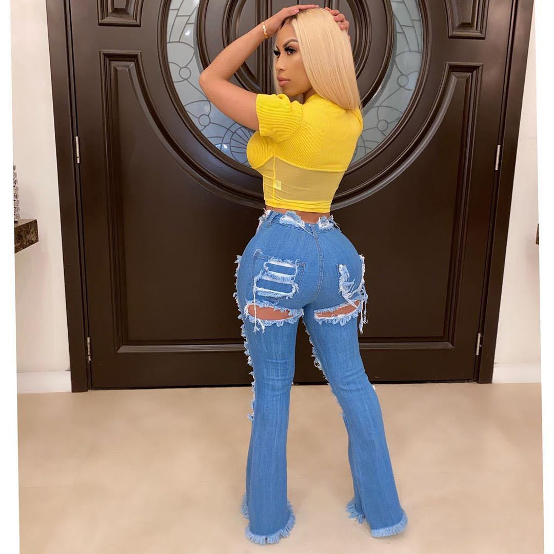 FZ Women's Hole High Waist Ripped Flare Skinny Street Denim Pants - FZwear