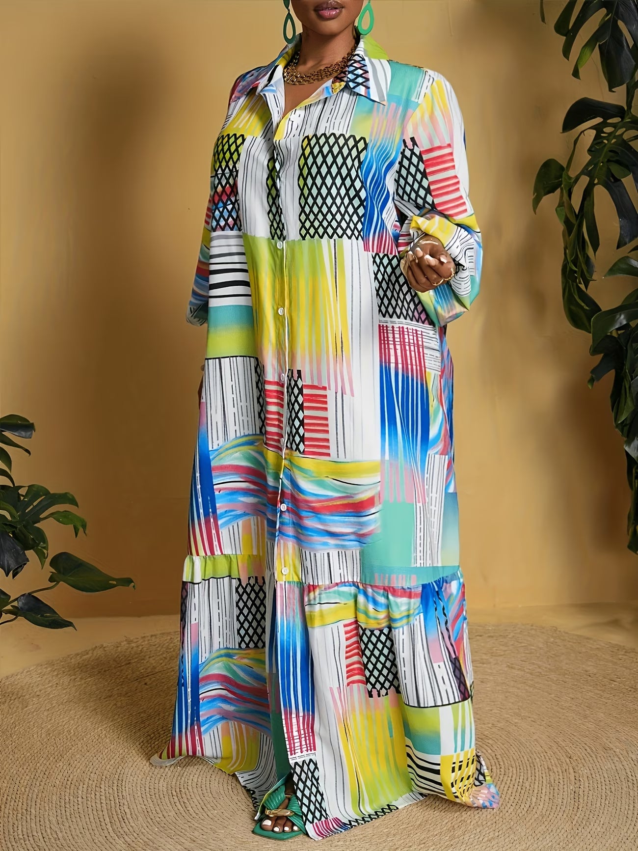 FZ Women's Plus Size Bohemian Print Long Sleeve Vintage Maxi Dress