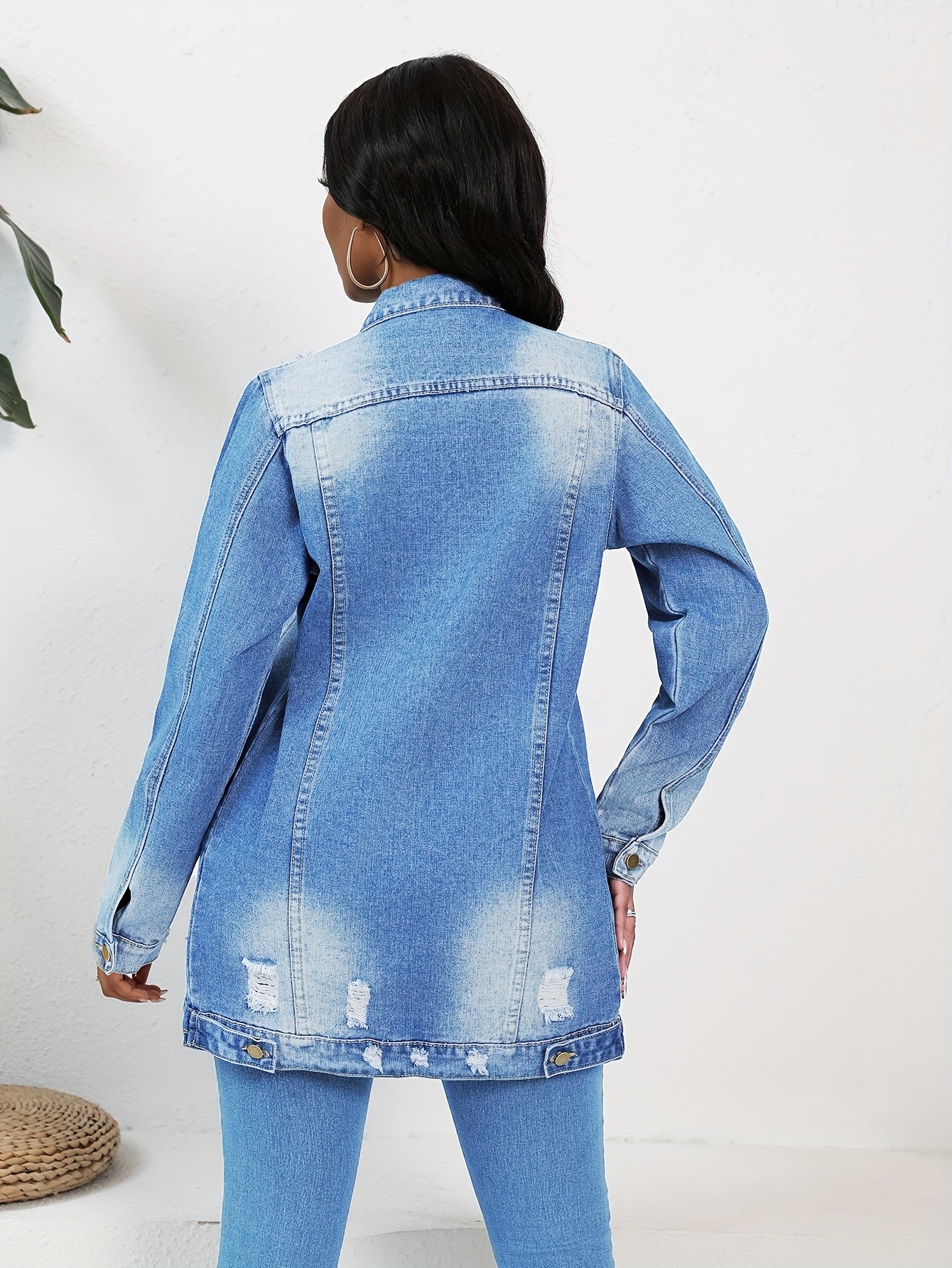FZ Women's Solid Ripped Turn-down Collar Loose Casual Denim Jacket