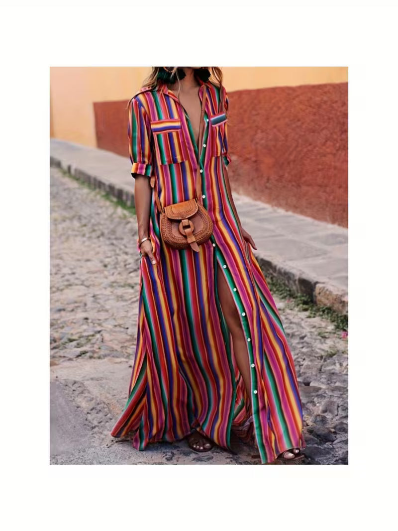 FZ Women's Bohemian Striped Shirt-Style Collar Half Sleeve Maxi Dress