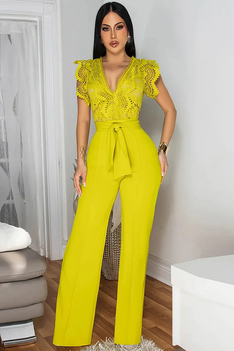 FZ Women's Hollow Out Pattern V Neck Tie Up Straight Leg Sleeveless Jumpsuit