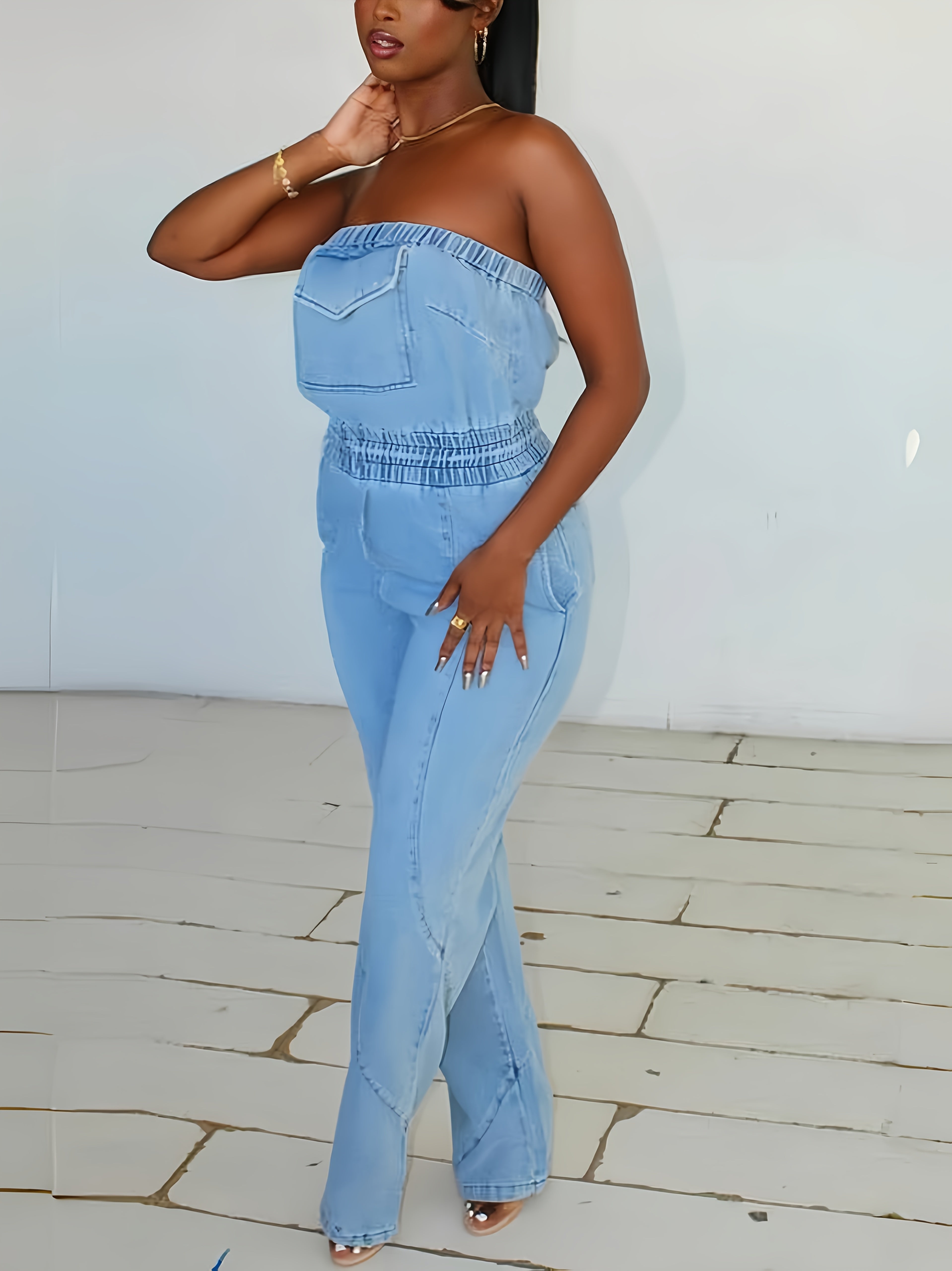 FZ Women's Y2K Strapless Wide-Leg Retro Streetwear Denim Jumpsuit