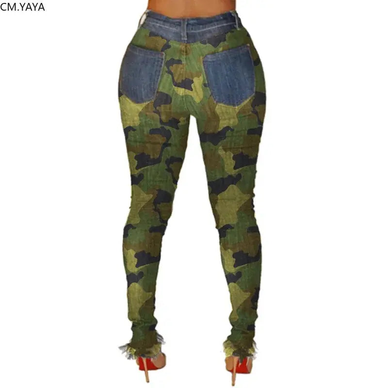 2019 New Autumn Winter Female Denim Pants Women Skinny Hole Spliced Camouflage Print Jeans Sexy Pencil Bandage Trousers FZwear