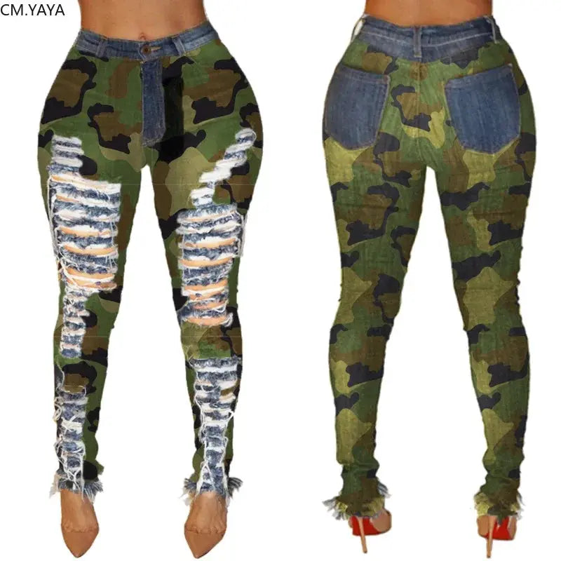 2019 New Autumn Winter Female Denim Pants Women Skinny Hole Spliced Camouflage Print Jeans Sexy Pencil Bandage Trousers FZwear