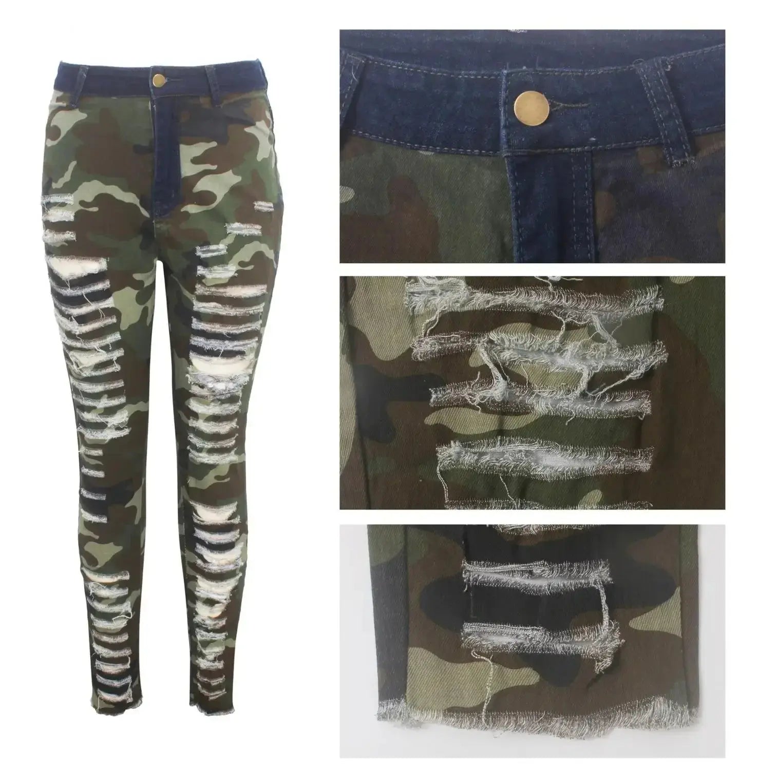 2019 New Autumn Winter Female Denim Pants Women Skinny Hole Spliced Camouflage Print Jeans Sexy Pencil Bandage Trousers FZwear