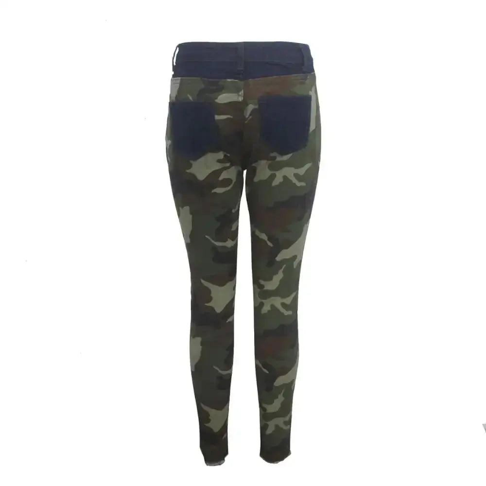 2019 New Autumn Winter Female Denim Pants Women Skinny Hole Spliced Camouflage Print Jeans Sexy Pencil Bandage Trousers FZwear