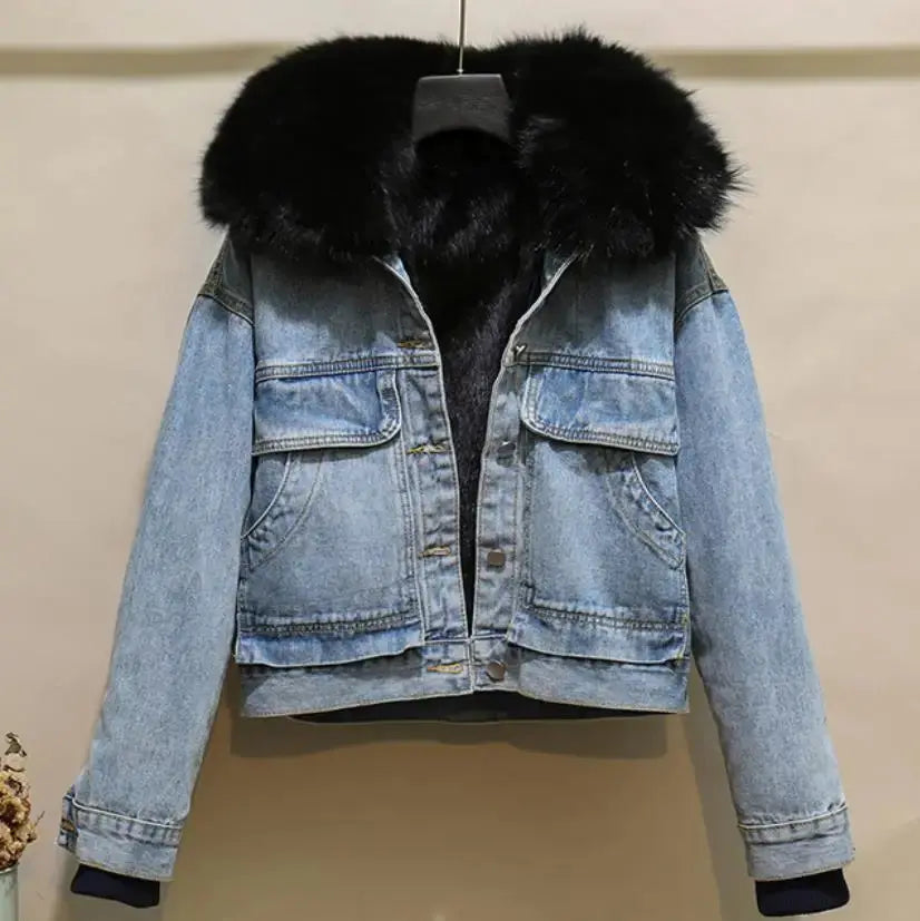 2023 Korean Detachable Rabbit Fur Liner Jean Coat Velvet Real Fox Fur Collar Short Denim Fur Jacket Thick Parkas for Women FZwear