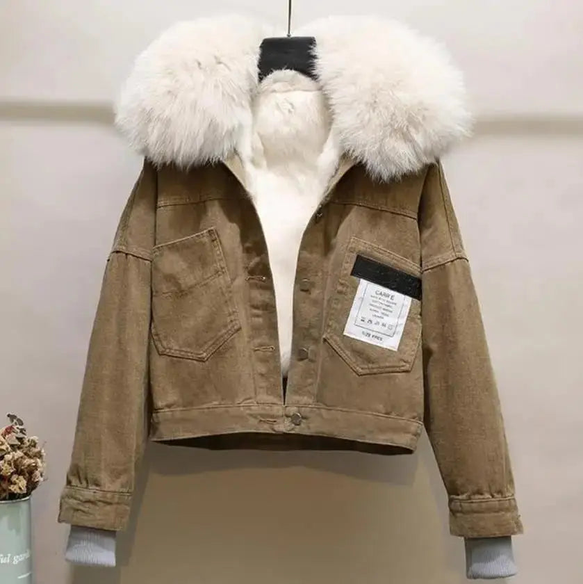 2023 winter fashion velvet thick denim jacket women Korean loose casual rabbit fur liner real fur collar Parkas outerwear FZwear