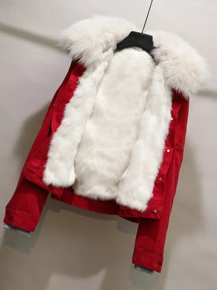 2023 winter fashion velvet thick denim jacket women Korean loose casual rabbit fur liner real fur collar Parkas outerwear FZwear