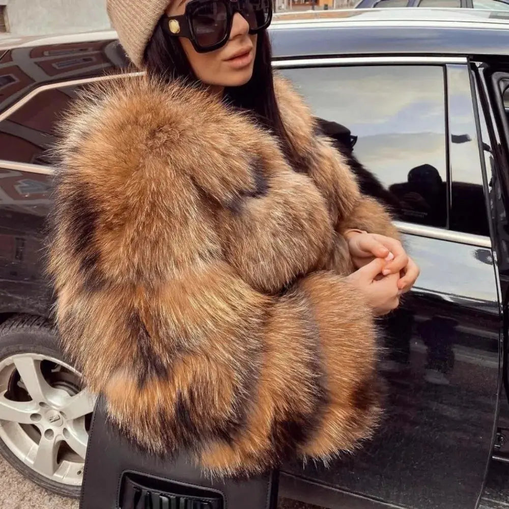 2024 Natural Fox Fur Raccoon Outerwear Real Fox Fur Coat Winter Jacket Women O-neck Thick Warm Luxury Female Plus Size FZwear