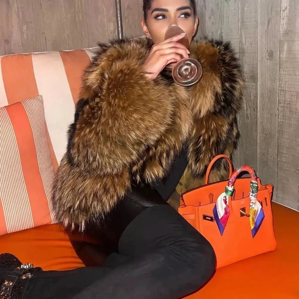 2024 Natural Fox Fur Raccoon Outerwear Real Fox Fur Coat Winter Jacket Women O-neck Thick Warm Luxury Female Plus Size FZwear