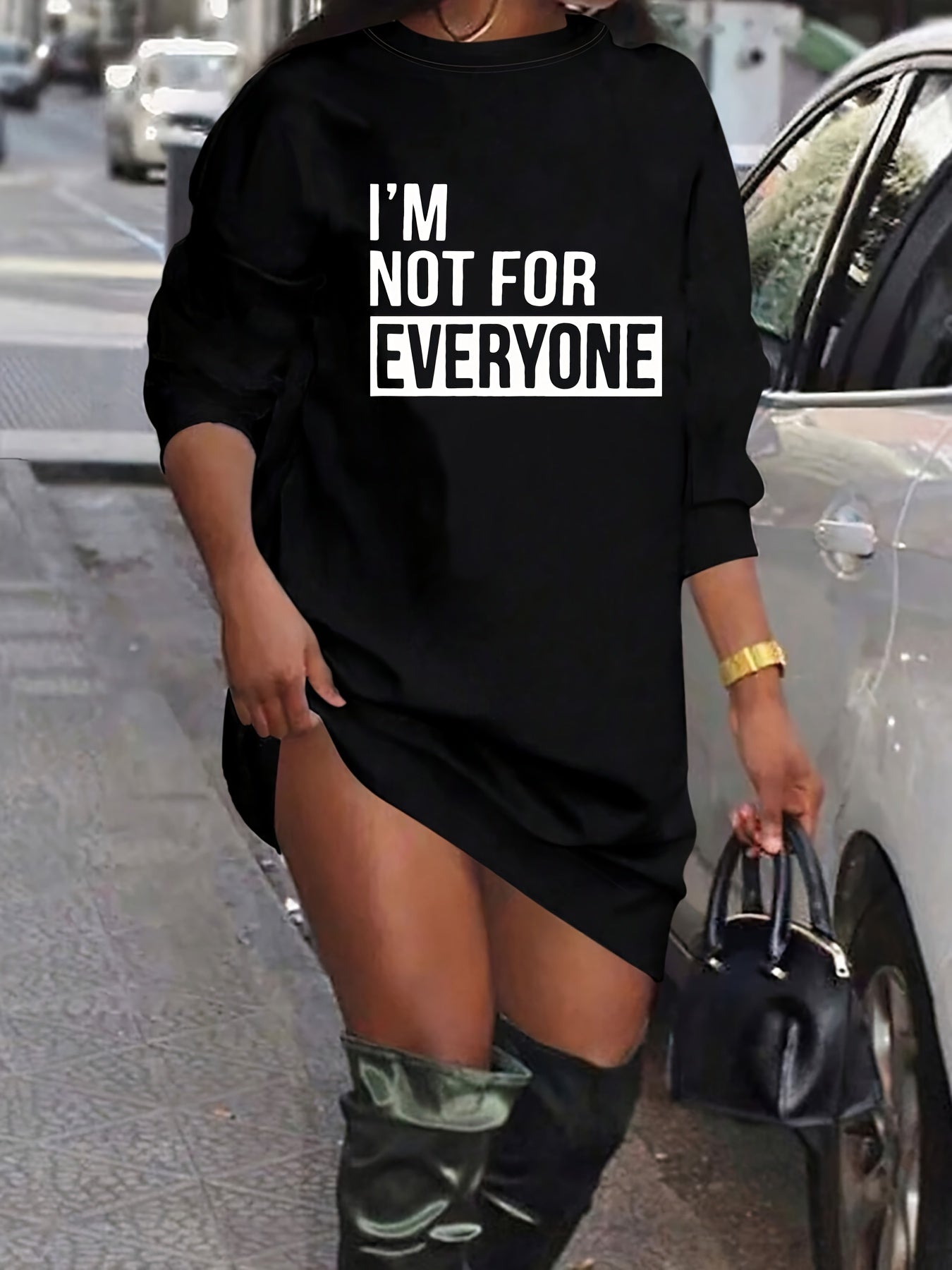 FZ Women's Casual Plush Lined Round Neck Letter Pattern Print Sweatshirt Dress