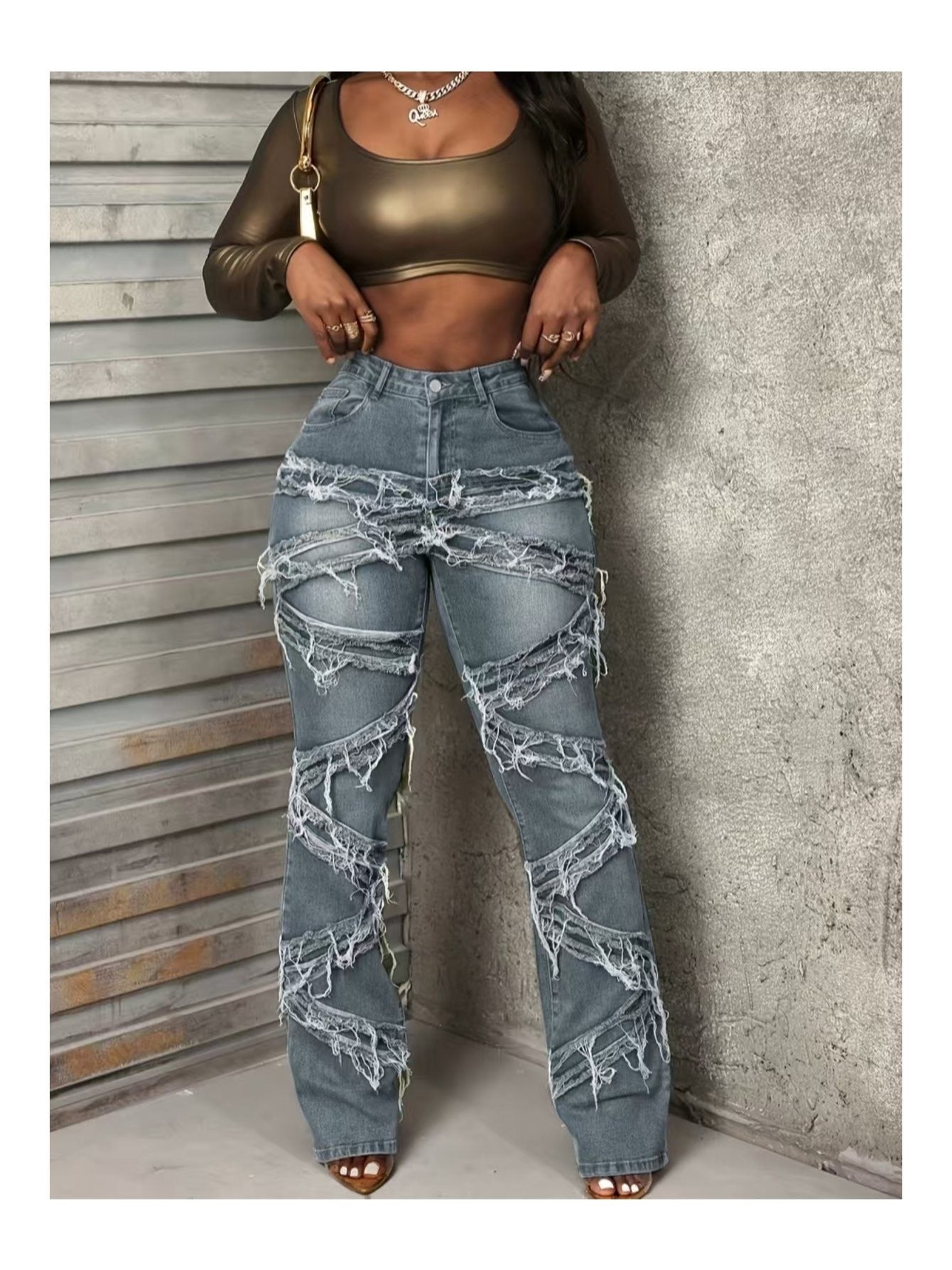 FZ Women's Laminated hole washed straight tube fringe Denim Pants