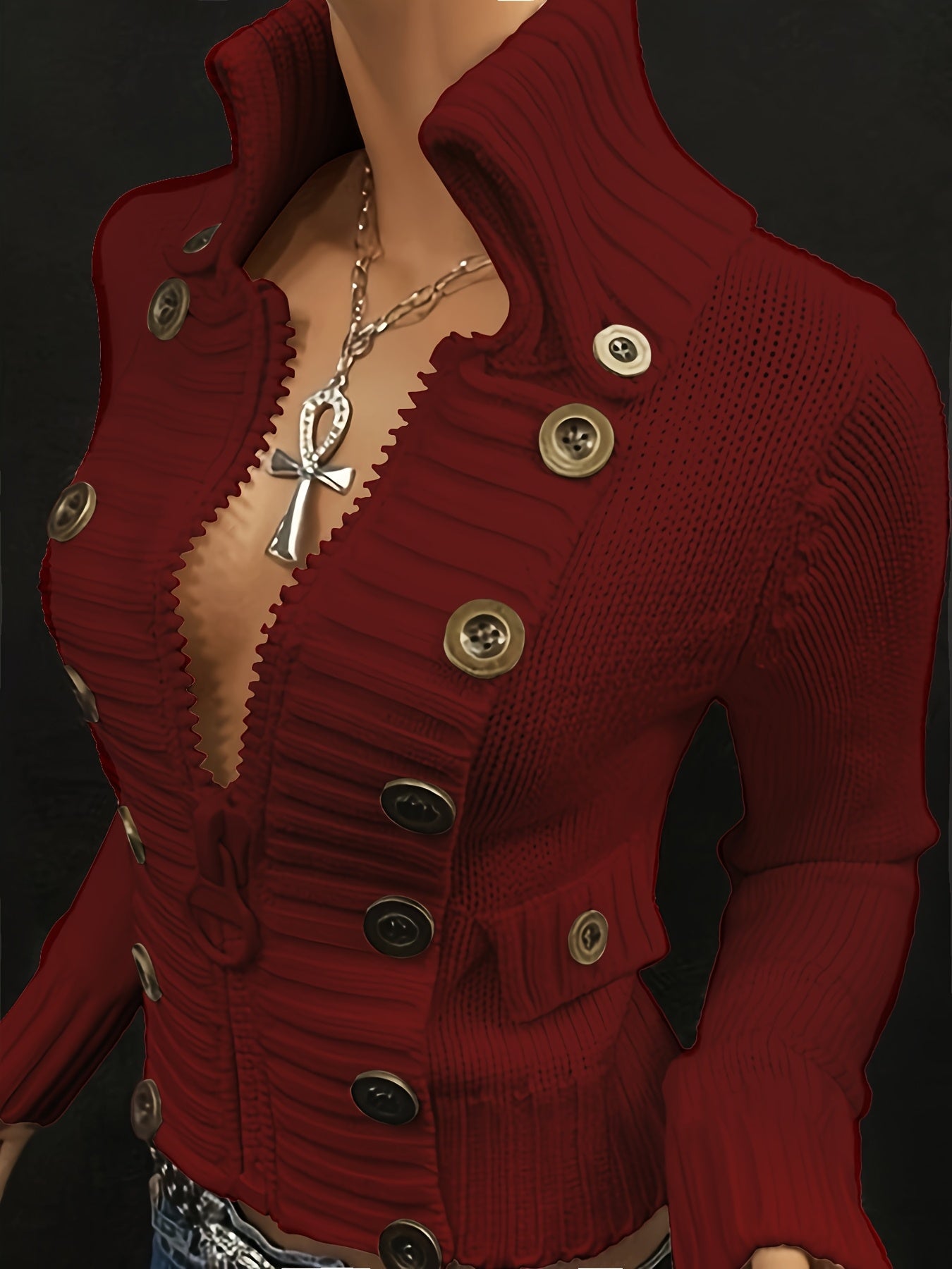 FZ Women's Multi-button decorated large zipper slim-fit Sweater jacket