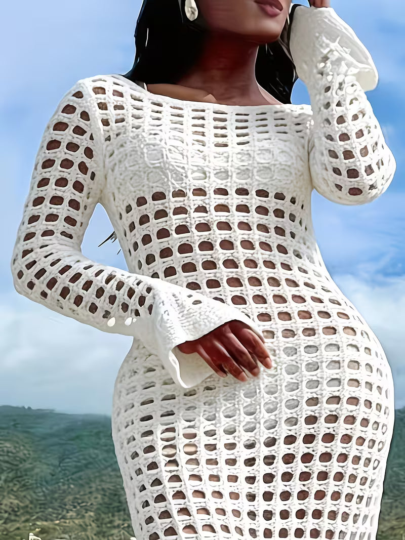 FZ Women's Plus Size Casual Loose Long Sleeve Round Neck Dress Swimsuit Cover-Up