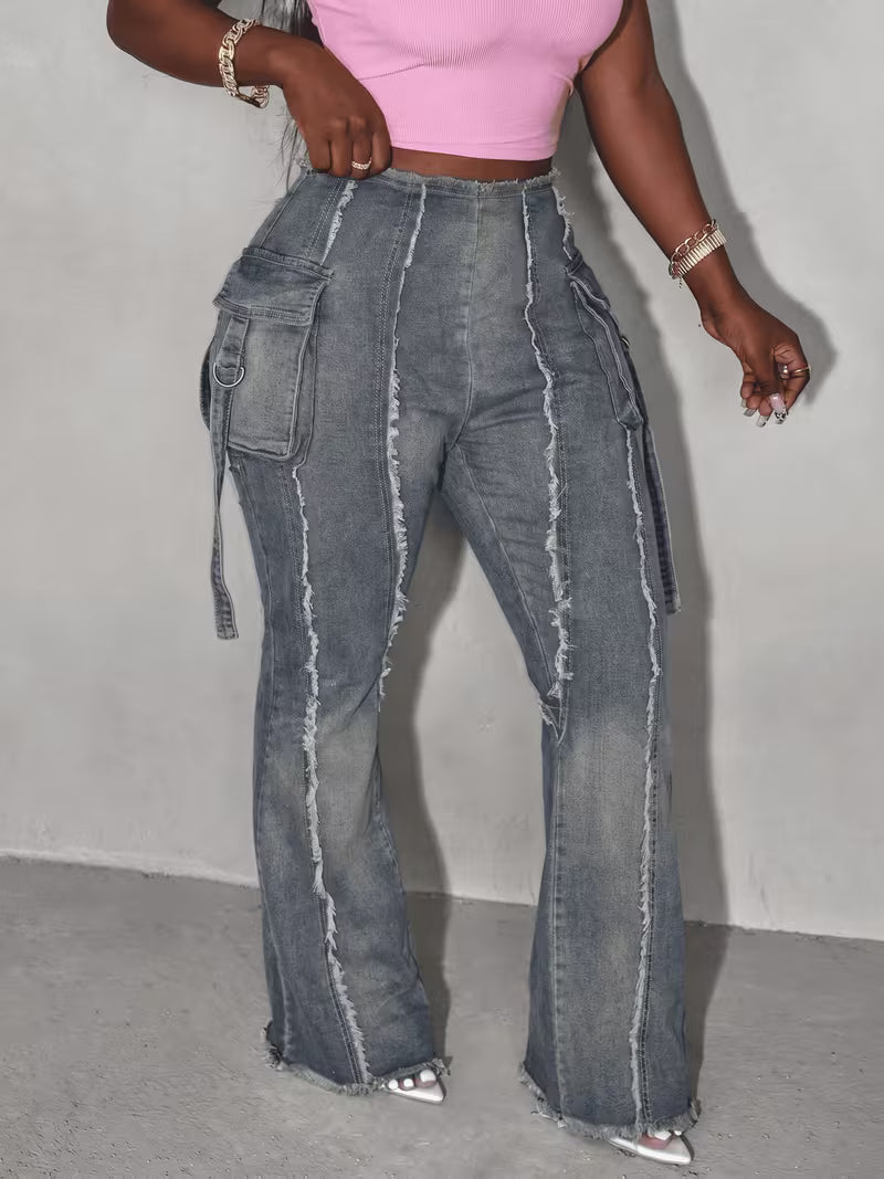 FZ Women's Plus Size Frayed Edges Split Line Fringe Trim Back Zipper Denim Pants