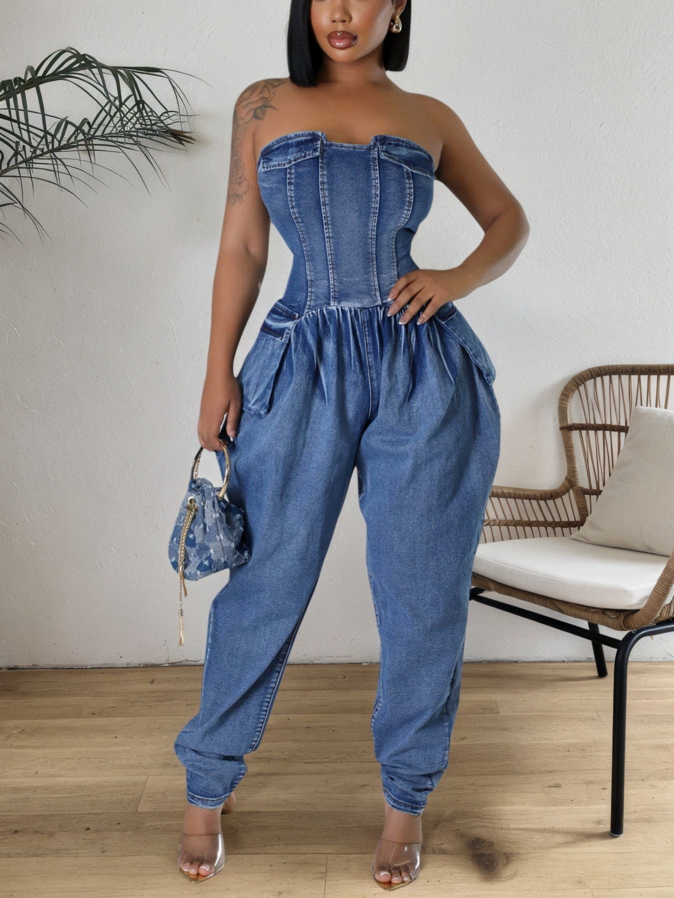 FZ Women's Cargo Fashion Sleeveless With Pockets Strapless Denim Jumpsuit