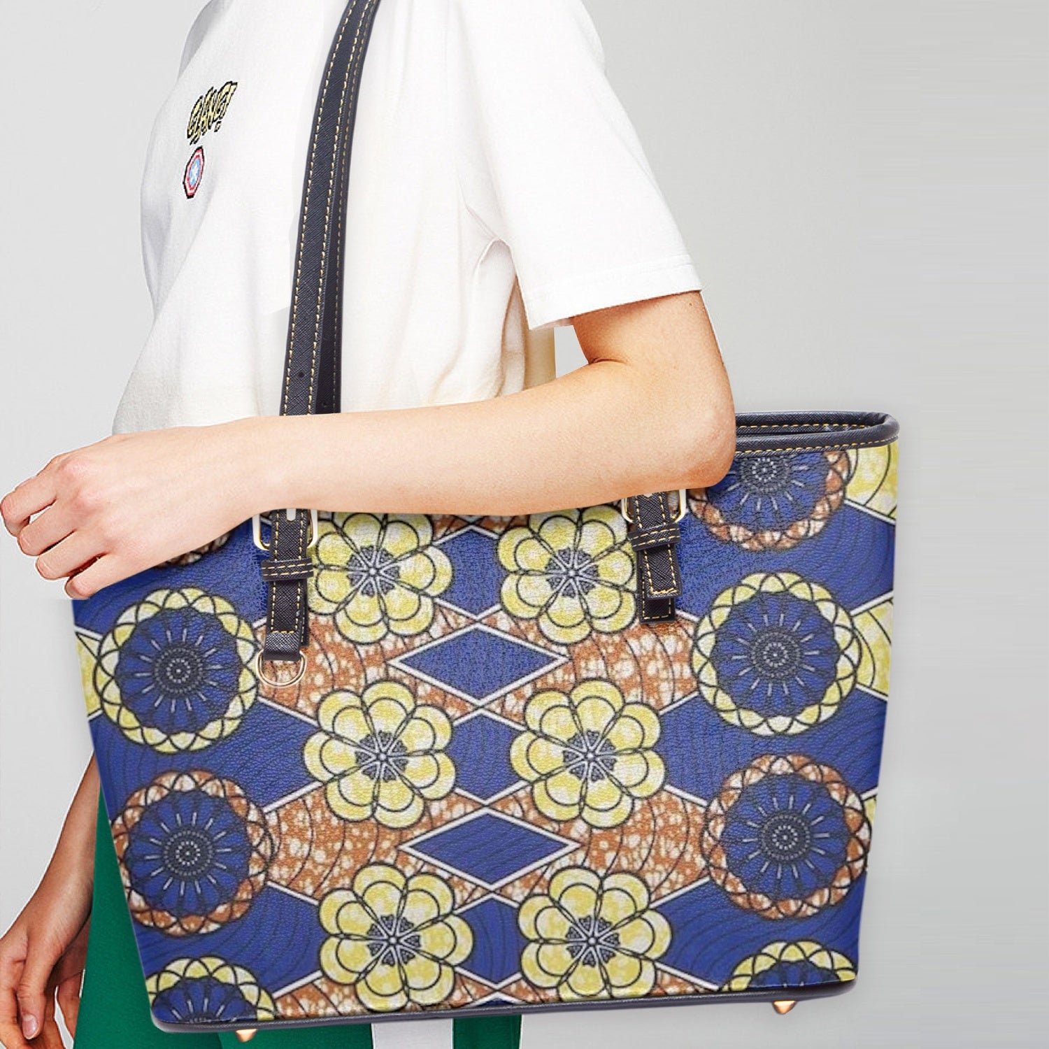 FZ African Print Large Leather Tote Bag JetPrint