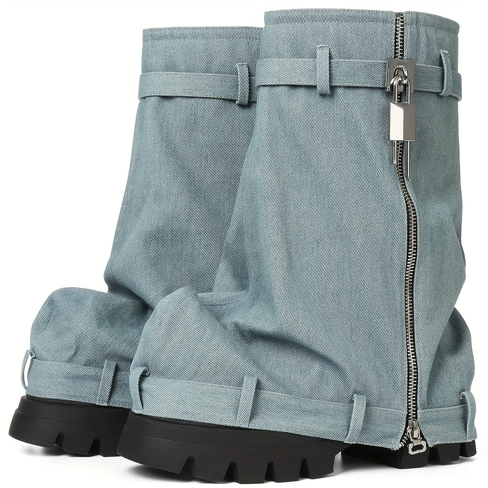 FZ Women's Mid-Calf Side Pockets & Buckle Straps Platform Wedge Denim Boots