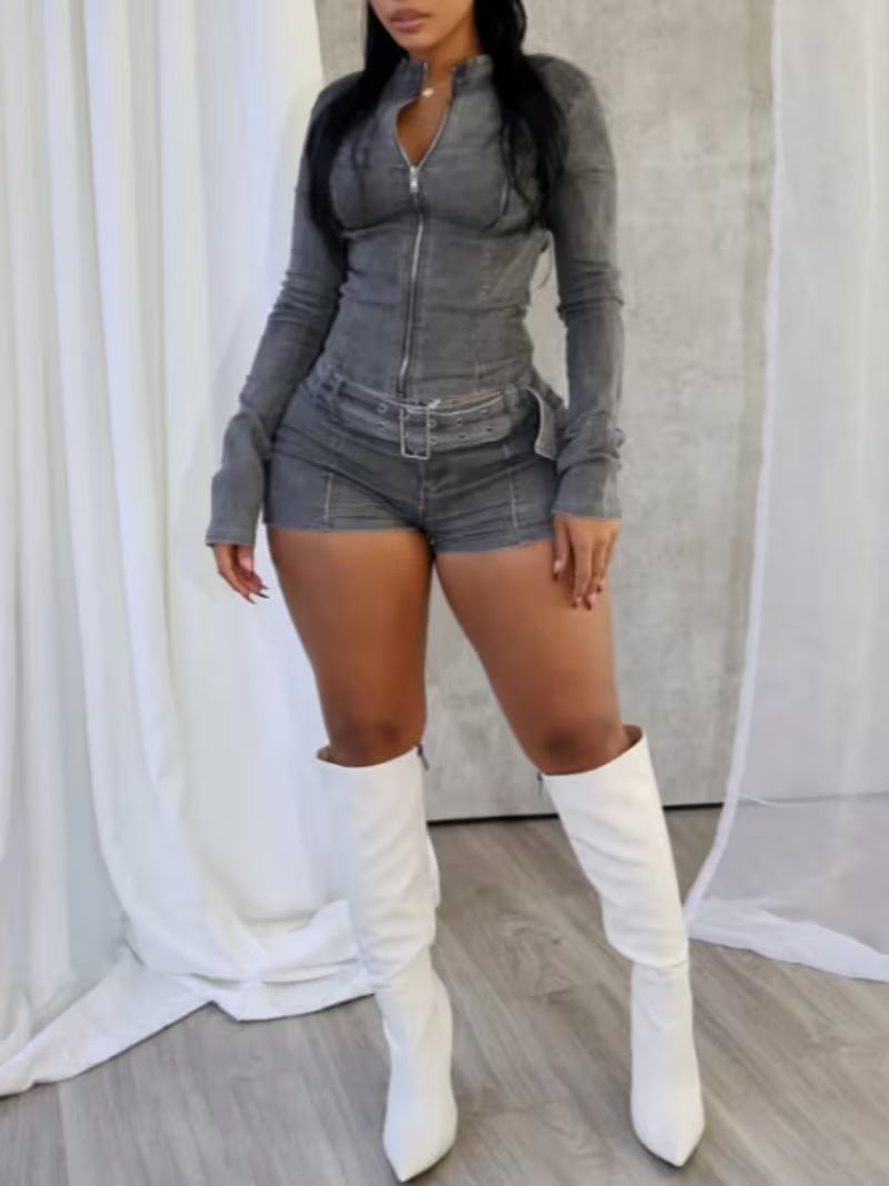 FZ Women's Y2K Long-Sleeve Belted Design Denim Shorts Suit