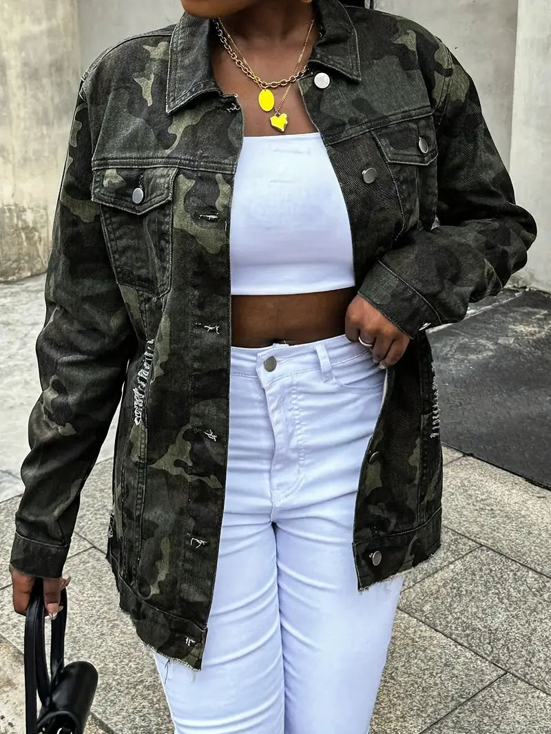 FZ Women's Camo Casual Long Sleeve Button-Up Denim Jacket