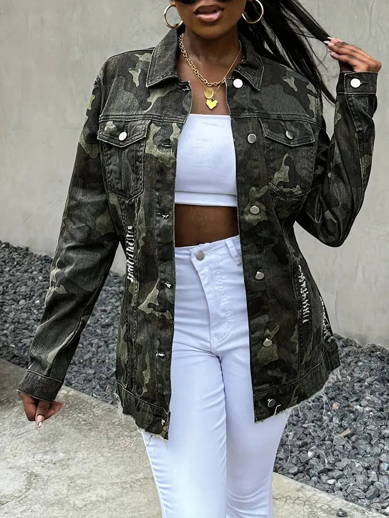 FZ Women's Camo Casual Long Sleeve Button-Up Denim Jacket