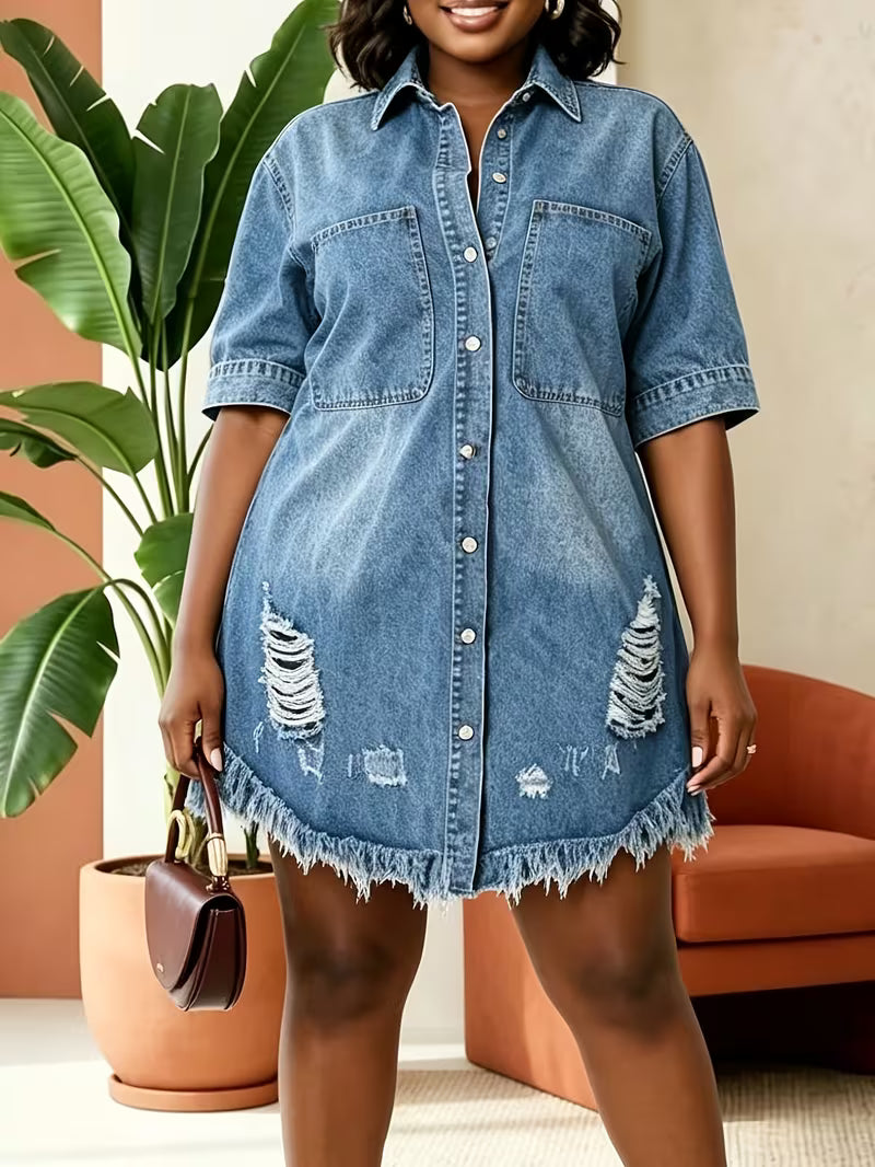 FZ Women's Plus Size Short Sleeve Distressed Ripped Frayed Hem Shirt Denim Dress