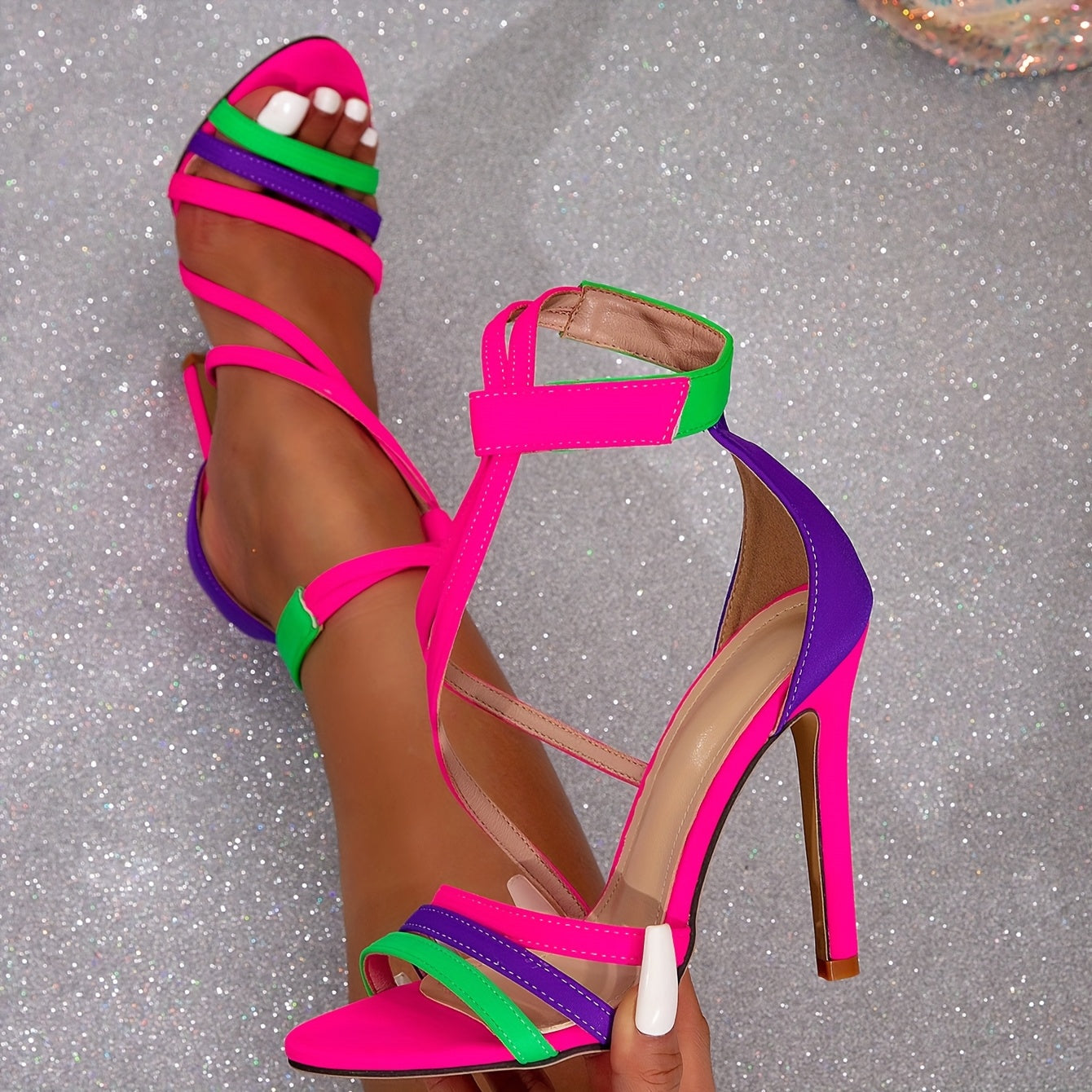 FZ Women's Black and White Striped Ankle Wrap Dual Strap Contrast High Heel Shoes