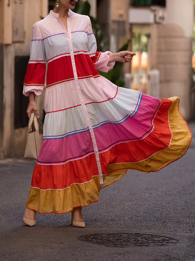FZ Women's Bohemian Style Stripes V-Neck Lantern Sleeve Maxi Dress
