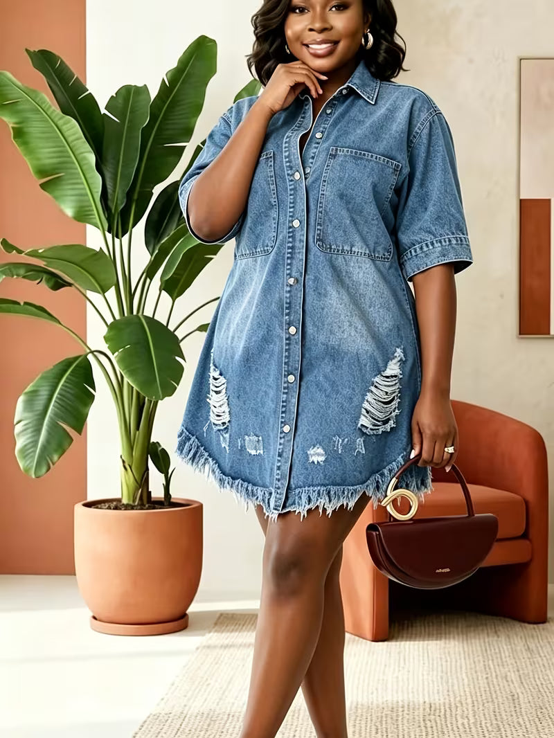 FZ Women's Plus Size Distressed Ripped Frayed Hem Denim Shirt Dress