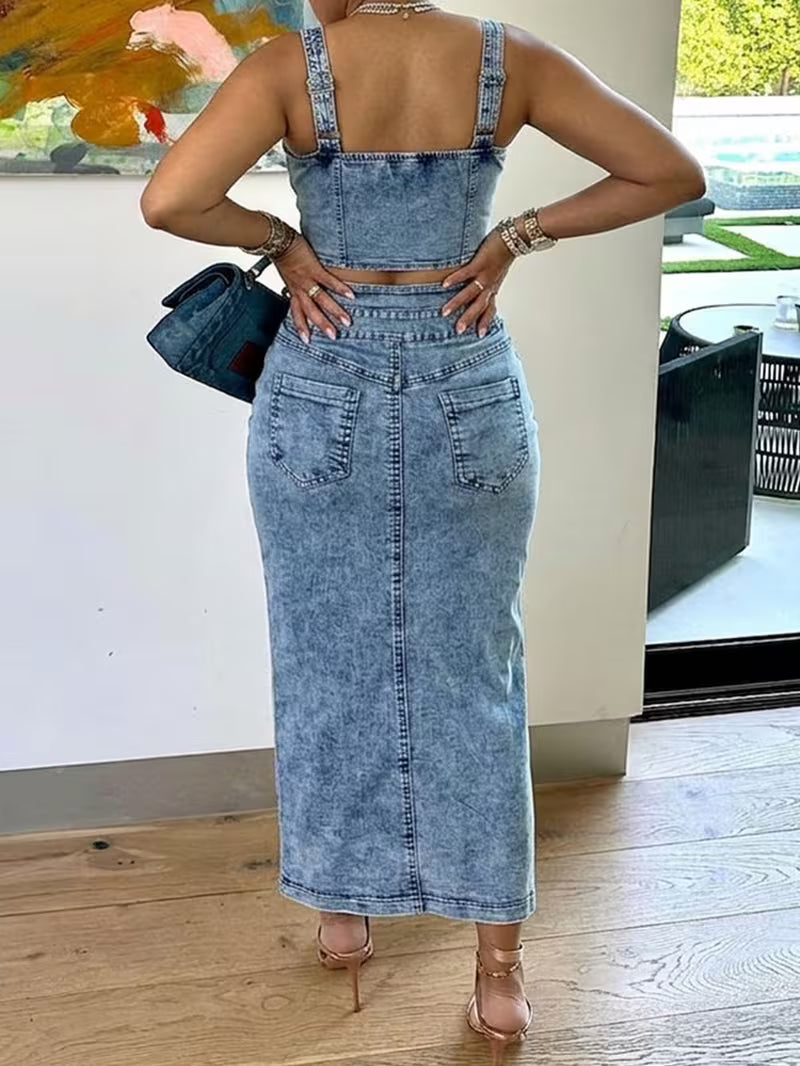 FZ Women'S Washed High Waist Slit Midi 2pcs Denim Skirt Suit