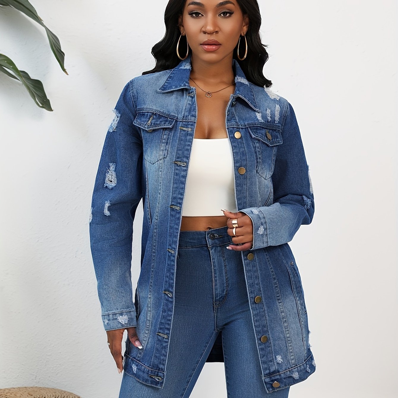 FZ Women's Solid Ripped Turn-down Collar Loose Casual Denim Jacket
