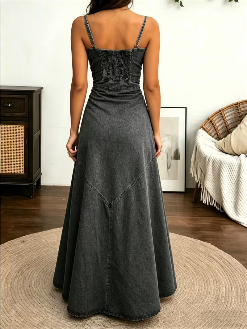 FZ Women's Single Breasted And Split Design High Waist Mid Denim Dress