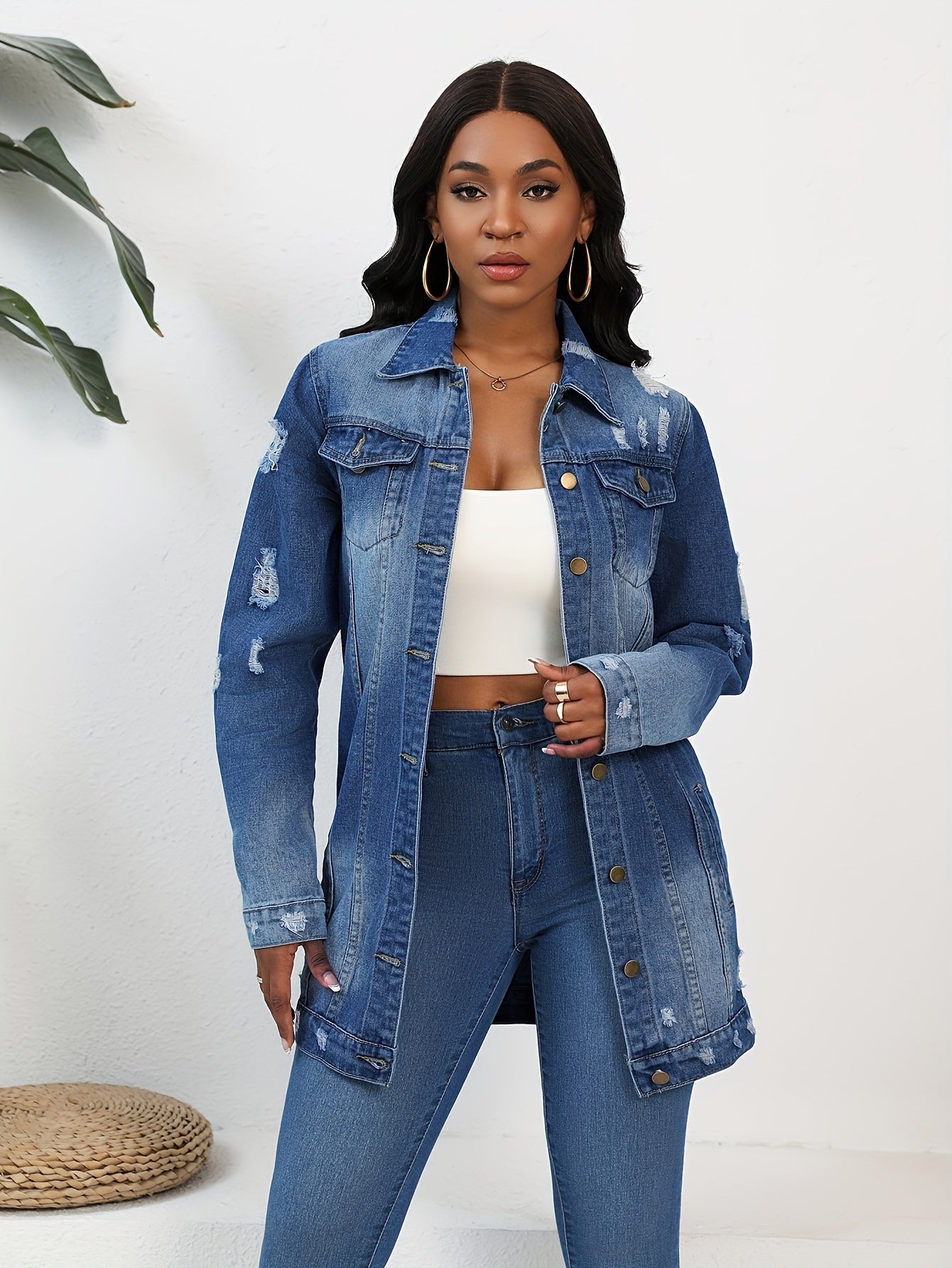 FZ Women's Solid Ripped Turn-down Collar Loose Casual Denim Jacket