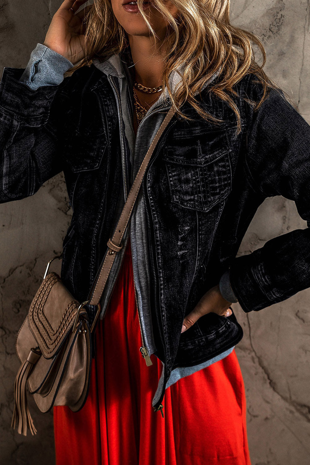 FZ Women's Fake Two-Piece Hooded Zip-Up Denim Jacket - FZwear