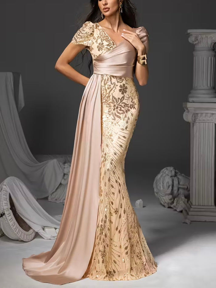 FZ Women's Floral Print Mermaid Sequin Detailing, V-Neck & Puff Sleeves Evening Dress