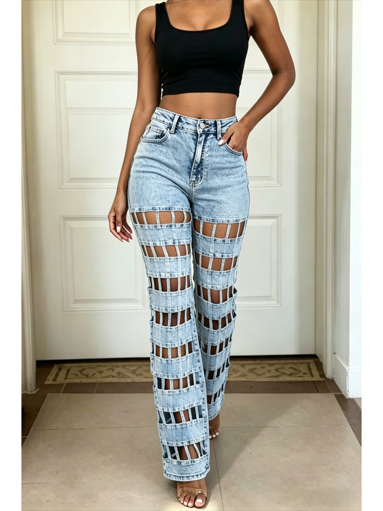 FZ Women's High Waist Hollow Mesh Design Denim Pants