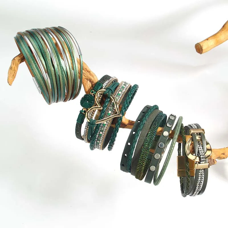 FZ Bohemia Evil Eye Heart Circle Wrap Multilayer Leather Bracelet - FZwear