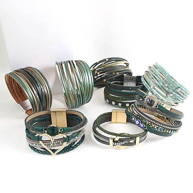 FZ Bohemia Evil Eye Heart Circle Wrap Multilayer Leather Bracelet - FZwear