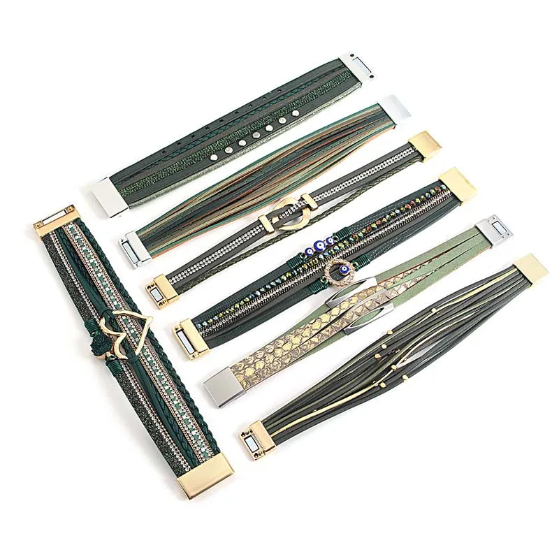 FZ Bohemia Evil Eye Heart Circle Wrap Multilayer Leather Bracelet - FZwear