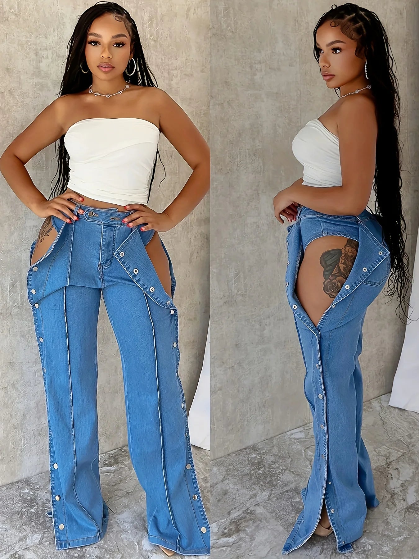 FZ Women's High Waist Wide Leg Split Design, Loose Street Fashion Denim Pants