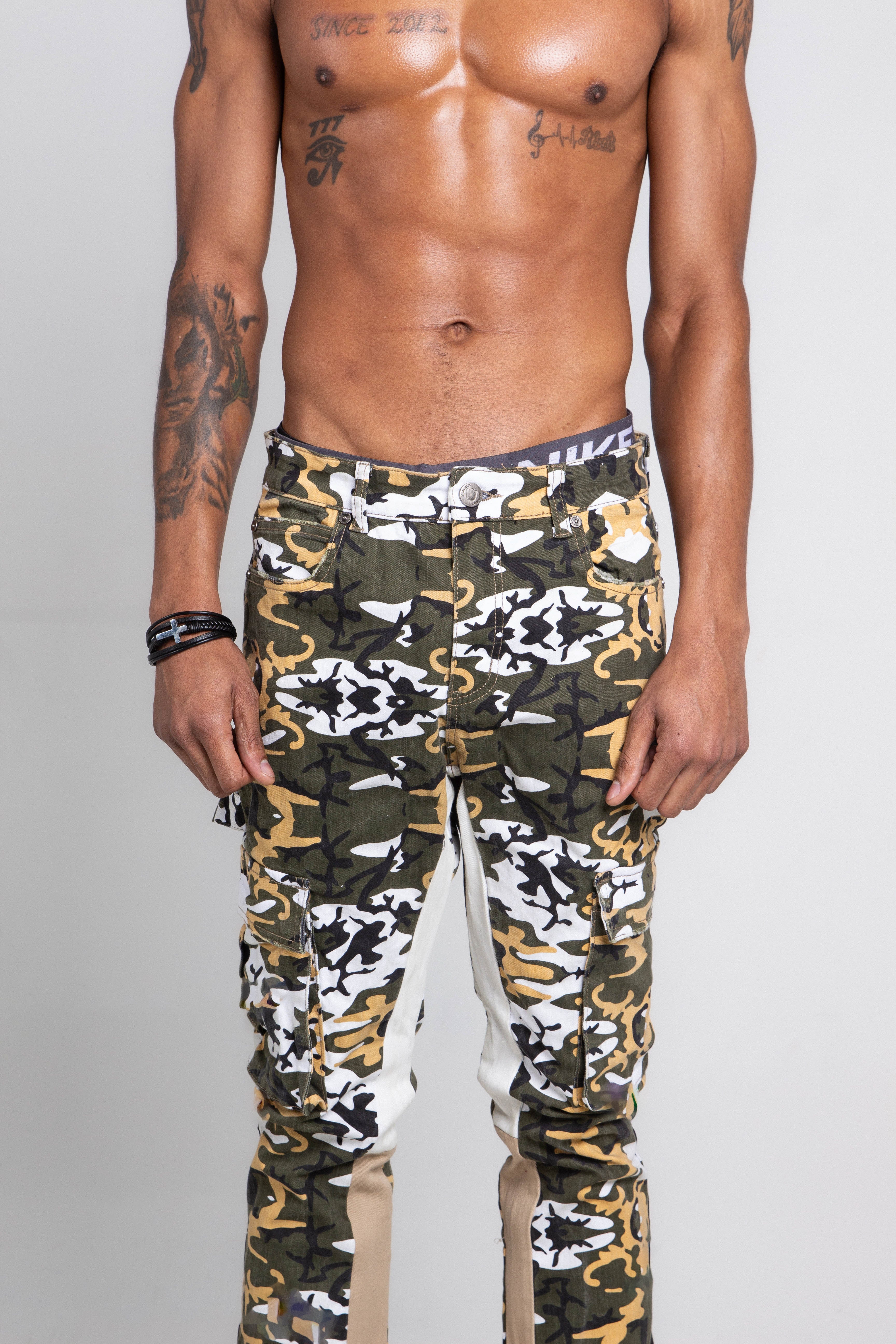AJS699-10 CAMO STACKED CARGO PANTS