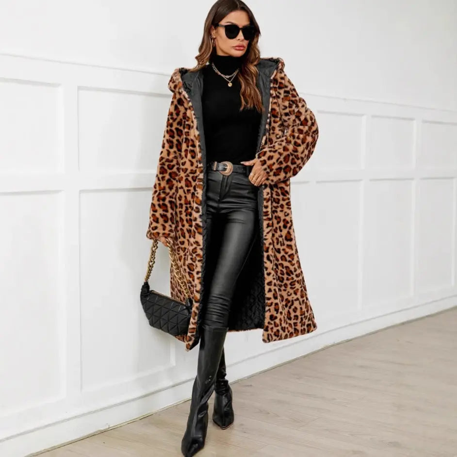 Autumn Winter Leopard Print Coat Cold Proof Plush Long Ladies Hooded Faux Fur Coat Top Trench Coat Richy