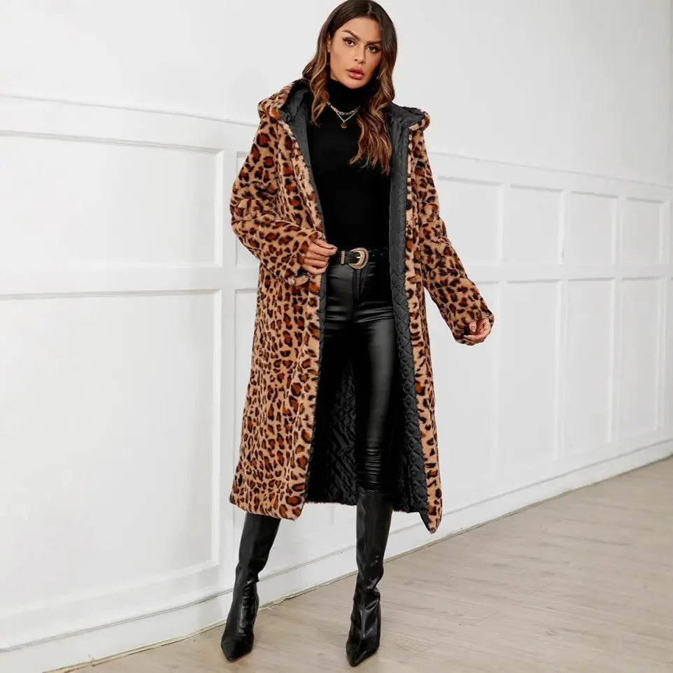 Autumn Winter Leopard Print Coat Cold Proof Plush Long Ladies Hooded Faux Fur Coat Top Trench Coat Richy